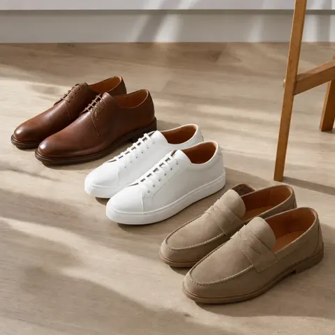 Sapatos marrons, tênis brancos e mocassins de camurça sobre piso de madeira