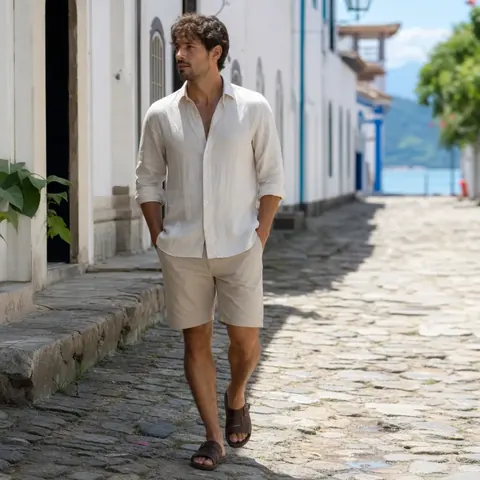 Homem de camisa de linho branca e bermuda bege caminhando em rua de pedra
