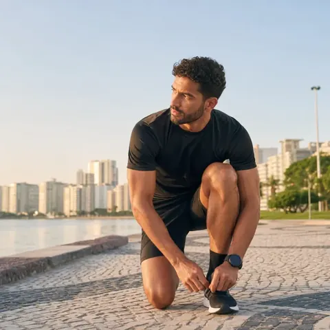 Homem de roupa esportiva preta amarrando o tênis na orla