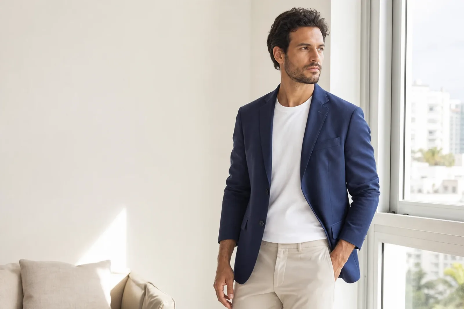 Homem de blazer azul-marinho, camiseta branca e calça clara perto da janela