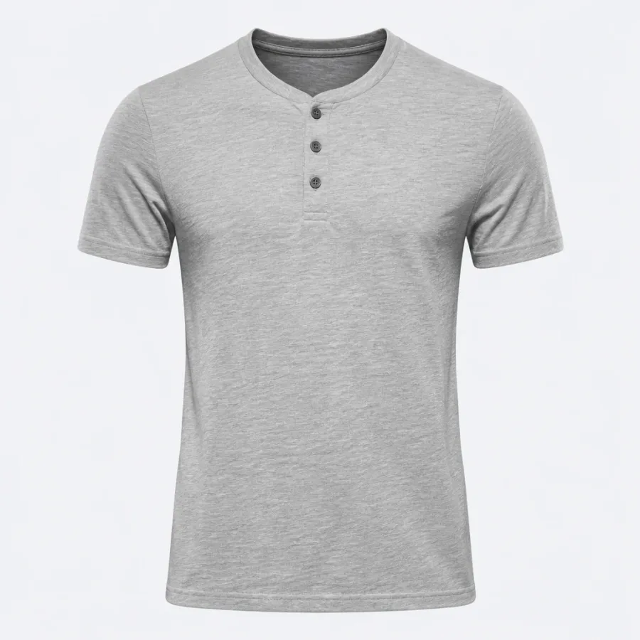 Camiseta Henley Manga Curta Cinza mescla