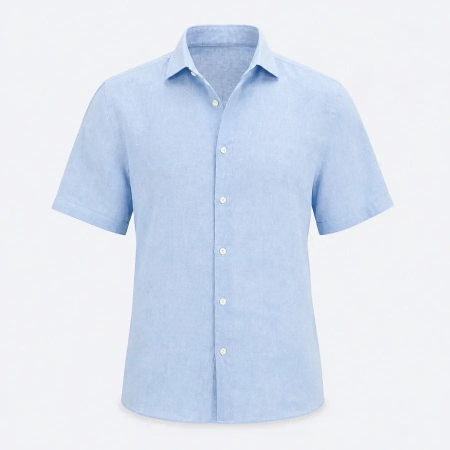 Camisa Linho Manga Curta Azul-claro