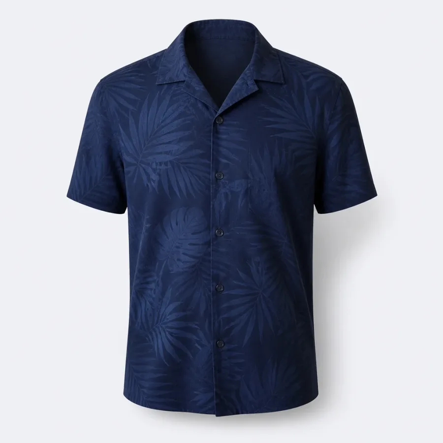 Camisa Estampada Folhagem Azul-marinho